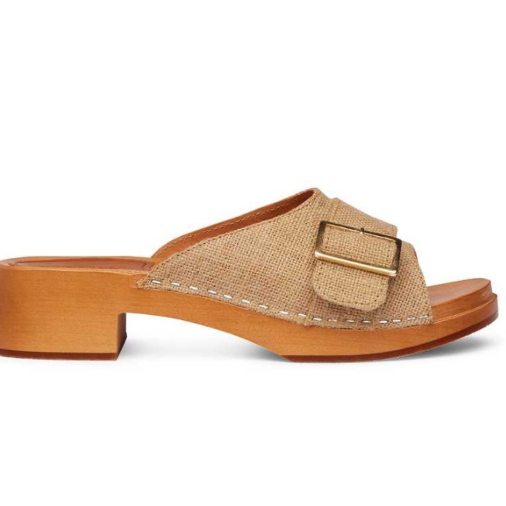 Anthropologie Tan and Gold Mules with Elegant Buckle